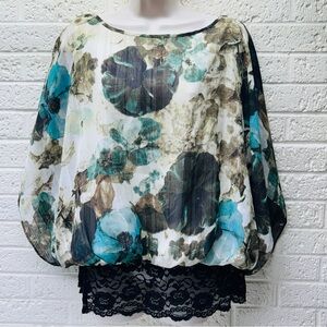 ZAC & RACHEL XL Colorful Floral Silver Metallic Poncho Blouse Lace Waist Hem•EX‼